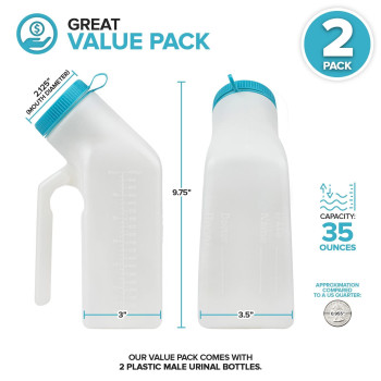 35 Oz Male Urinal Bottles (2 Pack) - Plastic Urinal Bottles - Portable Urinal Bottles - Urinal Bottles With Leakproof Screw-On Lid - Urinal Bottles - Easy-To-Read Measurement Lines - Stock Your Home