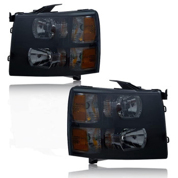 Pit66 Headlights, Compatible With 07-13 Chevy Silverado 1500 Silverado 2500 3500 & Hd 07-14 Smoky Lens Black Housing Amber Reflector