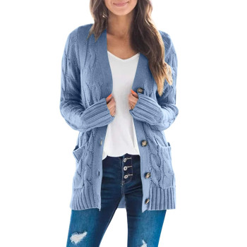 Zesica Womens Casual Long Sleeve Button Down Open Front Cable Knit Cardigan Sweater Coat,Blue,X-Large