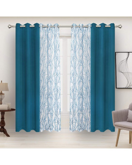 Bonzer Mix And Match Curtains - 2 Pieces Branch Print Sheer Curtains And 2 Pieces Blackout Curtains For Bedroom Living Room Grommet Window Drapes, 37X95 Inchpanel, Teal, Set Of 4 Panels