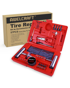 Awelcraft Heavy Duty Tire Repair Tools Kit - 57 Pcs Set Truck Tool Box For Motorcycle, Car, Atv, Jeep, Truck, Tractor Flat Tire Plug Kit