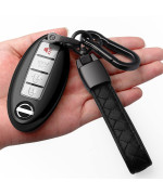Compatible With Nissan Key Fob Cover With Leather Keychain Soft Tpu 360 Degree Protection Key Case For Altima Maxima Rogue Armada Pathfinder Smart Key 3 4 5-Button,Black