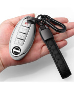 Compatible With Nissan Key Fob Cover With Leather Keychain Soft Tpu 360 Degree Protection Key Shell Case For Altima Maxima Rogue Armada Pathfinder Smart Key 3 4 5-Button,Silvera