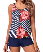 Yonique Blouson Tankini Swimsuits For Women 2 Piece Navy Blue Floral Bathing Suits Tops With Boyshorts Modest Loose Fit Swimwear S