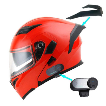 1Storm Motorcycle Modular Full Face Flip Up Dual Visor Helmet + Spoiler Bundle With Freedconn Motorcycle Redtooth Headset: Hb89 Glossy Red