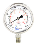 Carbo Instruments Stainless Steel Pressure Gauge Dual Display (-30 Hg - 0-250 Psikpa) - 2 1-2 Glycerine Liquid Filled Water Air Oil Gas Gauge With Polycarbonate Lens - Compound Vacuum - 14 Npt