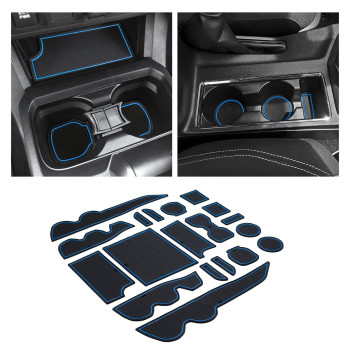 Jkcover Premium Custom Liner Mat Accessories Compatible With Toyota Tacoma 2016 2017 2018 2019 2020 2021 2022, Cup Holder, Door Pocket And Center Console Inserts 19 Pcs (Double Cab, Blue Trim)