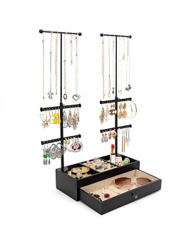 Emfogo Jewelry Organizer Stand Wood Basic Jewelry Drawer Storage Box With Double Rods & 6 Tier Jewelry Tree Stand Holder For Necklaces Bracelet Earring Ring Display(Vintage Black)