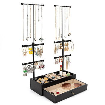 Emfogo Jewelry Organizer Stand Wood Basic Jewelry Drawer Storage Box With Double Rods & 6 Tier Jewelry Tree Stand Holder For Necklaces Bracelet Earring Ring Display(Vintage Black)