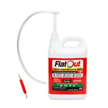 Flatout Tire Sealant Outdoor Power Equipment Formula - With Valve Core Tool And Replacement Valve Core, Prevent Flat Tires, Seal Leaks, Contains Kevlar, 1 Gallon