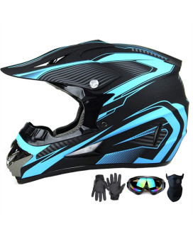 Motocross Helmet,Adult Youth Trend Full Face Helmet,Atv Motorcycle Helmet,Dirt Bike Downhill Off-Road Mountain Bike Helmet,Dot Certified,4-Piece Set (Blue, L)