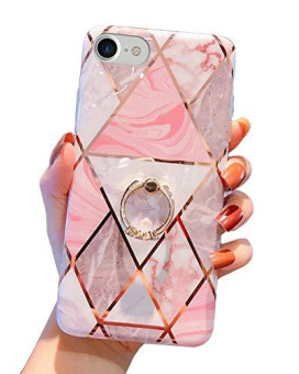 Qokey Compatible With Iphone Se Case 20222020,For Iphone 7 Case,For Iphone 8 Case 47 Marble Cute Cover For Women Girls 360 Degree Rotating Ring Kickstand Soft Tpu Shockproof Cover Rose Gold