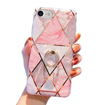 Qokey Compatible With Iphone Se Case 20222020,For Iphone 7 Case,For Iphone 8 Case 47 Marble Cute Cover For Women Girls 360 Degree Rotating Ring Kickstand Soft Tpu Shockproof Cover Rose Gold