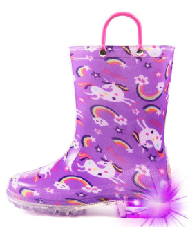 Hugrain Toddler Girls Boys Rain Boots Baby Kids Light Up Printed Waterproof Shoes Rubber Garden Puddle Boots Lightweight Adorable Cute Purple Unicorn Easy-On Handles And Insole (Size 6,Purple)