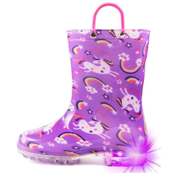 Hugrain Toddler Girls Boys Rain Boots Baby Kids Light Up Printed Waterproof Shoes Rubber Garden Puddle Boots Lightweight Adorable Cute Purple Unicorn Easy-On Handles And Insole (Size 6,Purple)