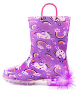 Hugrain Kids Girls Boys Rain Boots Toddler Light Up Printed Waterproof Shoes Lightweight Adorable Cute Purple Unicorn Rubber With Easy-On Handles And Insole (Size 3,Purple)