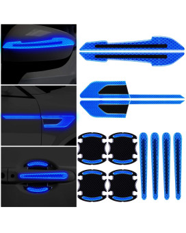 12 Pieces Reflective Car Stickers Set Rearview Mirror Reflective Warning Stickers Car Side Reflective Stickers Car Handle Protectors And Handle Paint Scratch Films For Car Safety (Blue)