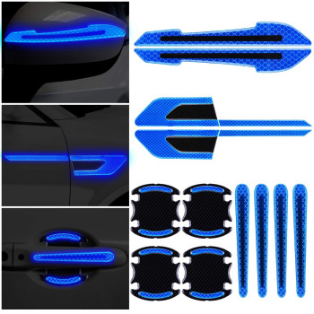 12 Pieces Reflective Car Stickers Set Rearview Mirror Reflective Warning Stickers Car Side Reflective Stickers Car Handle Protectors And Handle Paint Scratch Films For Car Safety (Blue)