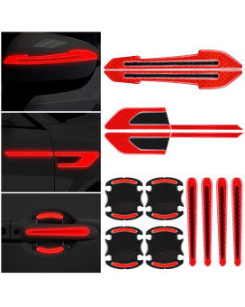 12 Pieces Reflective Car Stickers Set Rearview Mirror Reflective Warning Stickers Car Side Reflective Stickers Car Handle Protectors And Handle Paint Scratch Films For Car Safety (Red)