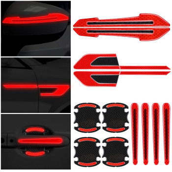 12 Pieces Reflective Car Stickers Set Rearview Mirror Reflective Warning Stickers Car Side Reflective Stickers Car Handle Protectors And Handle Paint Scratch Films For Car Safety (Red)