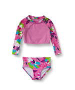 Kanu Surf Girls Long Sleeve Rashguard Upf 50 Two Piece Swim Set, Tropical Dance Crop Pink, 10