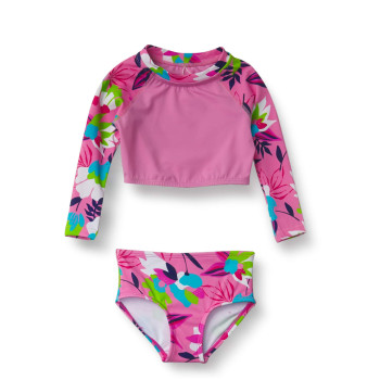 Kanu Surf Girls Long Sleeve Rashguard Upf 50 Two Piece Swim Set, Tropical Dance Crop Pink, 10