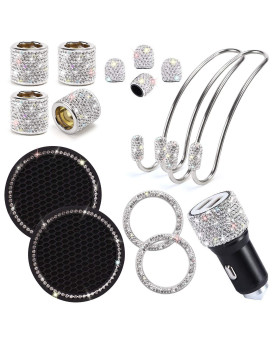 Tobequeen Bling Car Accessories Set For Women Girl, Bling Head Rest Collars Rings,Bling Dual Usb Car Charger,Bling Car Hook Backseat,Bling Cup Holder,Bling Tire Valve Stem Caps,Car Bling Rings(White)