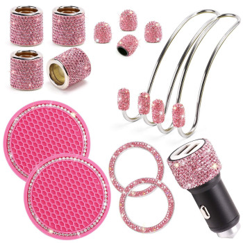 Tobequeen Pink Car Bling Accessories Set For Women 15Pcs,Head Rest Bling Rings,Bling Car Adapter Charger,Bling Car Hangers,Bling Cup Coaster,Bling Tire Valve Covers,Car Ignition Ring(Pink)