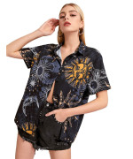 Sweatyrocks Womens Short Sleeve Cute Print Button Down Shirt Tops Graphic Black Xl