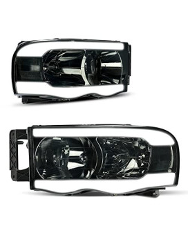 Autosaver88 Led Tube Headlights Assembly Compatible With 2002-2005 Dodge Ram 15002003-2005 Dodge Ram 2500 3500 Drl Headlight Headlamp Replacement Pair Smoke Lens