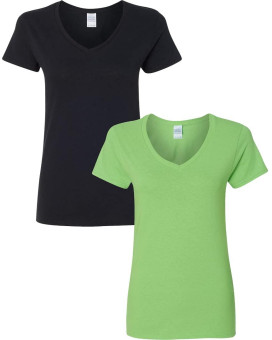 Gildan Womens Heavy Cotton V-Neck T-Shirt 2-Pack 2Xl-Black-Lime