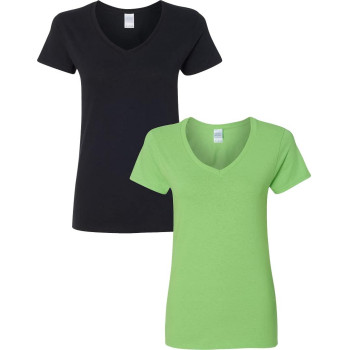 Gildan Womens Heavy Cotton V-Neck T-Shirt 2-Pack 2Xl-Black-Lime