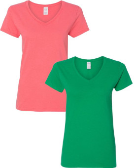 Gildan Womens Heavy Cotton V-Neck T-Shirt 2-Pack Sml-Coral-Irish