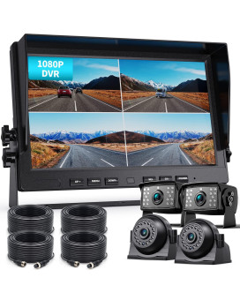 Fookoo ? 10" 1080P Wired Backup Camera System Kit,10" HD Quad Split Screen Monitor with Recording IP69 Waterproof Rear View Side View Camera Parking Lines for Truck/Semi-Trailer/Box Truck/RV(DY104)