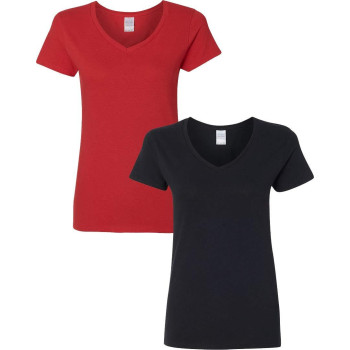 Gildan Womens Heavy Cotton V-Neck T-Shirt 2-Pack Xl-Red-Black