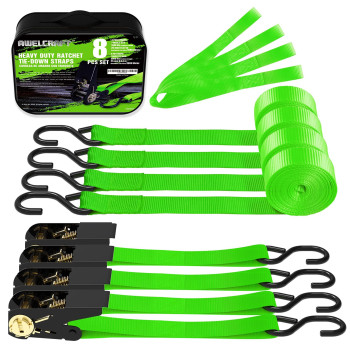 Awelcraft Ratchet Straps, 1500 Lbs Breaking Strength - Premium 4X 15Ft Tie Down Strap Set, 4X Soft Loops For Moving Appliances, Lawn Equipment, Motorcycle (Green)