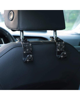 Bling Car Seat Headrest Hooks, Crystal Back Seat Hanger Storage Organizer, Sparkling Car Suv Purse Holder For Handbag Clothes Coats Grocery Bags, Handmade Decorations And Accessories For Women(Black)