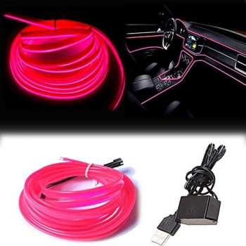 Maxlaxer El Wire Pink Interior Car Led Strip Lights, 5M Neon Wire Usb 5V With Fuse Protection For Automotive Car Interior Decoration With 6Mm Sewing Edge