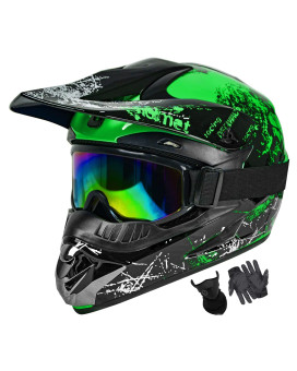 Sanqing Motocross Helmet Dirt Bike Helmet Fashion Youth Adult Off-Road Mountain Bike Motorcycle Helmet Dot Approved 4 Pcs Set (Green, Medium)