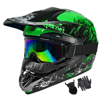 Sanqing Motocross Helmet Dirt Bike Helmet Fashion Youth Adult Off-Road Mountain Bike Motorcycle Helmet Dot Approved 4 Pcs Set (Green, Medium)