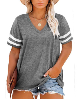 Happy Sailed Womens Plus Size Striped V Neck Short Sleeve T Shirt Loose Casual Tunic Blouse Tops,2X Gray