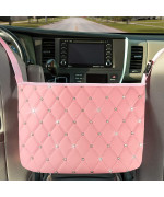 Bigtone Car Handbag Holder Car Leather Seat Storage Organizer, Barrier For Backseat Pet Kids, Car Purse Holder Storage And Pocket, Car Storage For Purse Phone Documents(Pink With Diamond)