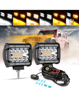 Auxbeam 4In 120W Amber White Led Light Pod, 6Modes Strobe Fog Light Bar, 12000Lm Offroad Light Warning Light For Truck Jeep Motorcycle, Wiring Harness Memory Function (Pack Of 2, 2 Year Warranty)