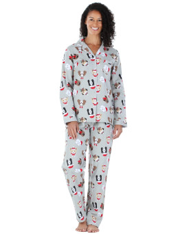 Pajamamania Womens Cotton Flannel Long Sleeve Button-Down Pajamas Pj Set, Holiday Dogs, Small,