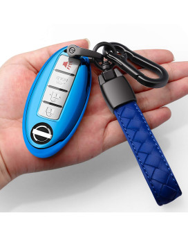 Autophone Compatible With Nissan Key Fob Cover With Leather Keychain Soft Tpu 360 Degree Protection Key Case For Altima Maxima Rogue Armada Pathfinder Smart Key 3 4 5-Button,Blue