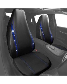 Car Pass Crystal Diamond Faux Leather Bucket Seat Covers Bling Front 2Pcs, Universal Fit For 95 Automotive Suv Truck Glitter Rhinestone Sparkle Strips Cute Women Girly (Car-Grand Black And Blue)