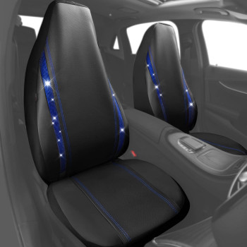 Car Pass Crystal Diamond Faux Leather Bucket Seat Covers Bling Front 2Pcs, Universal Fit For 95 Automotive Suv Truck Glitter Rhinestone Sparkle Strips Cute Women Girly (Car-Grand Black And Blue)