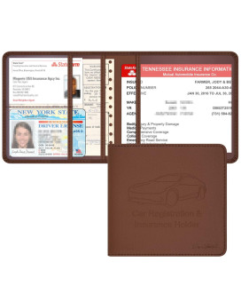 Techion Car Insurance And Registration Holder, 55 X 5 Inch Pu Leather Vehicle Glove Box Organizer Wallet Case For Insurance Card, Driver License, Paperwork - Brown