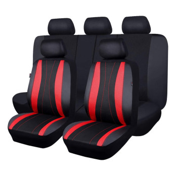 Flying Banner Car Seat Covers Full Set Faux Leather Air Mesh Breathable Man Lady Airbag Compatible Rear Bench Split 4060 5050 6040 Truck Pick Up (Full Set -- Low Back, Black Red)