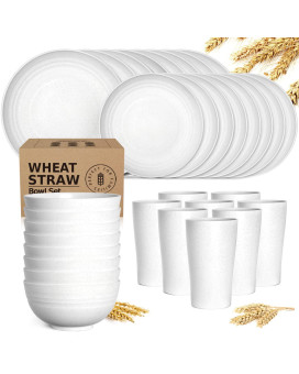 Teivio 32-Piece Kitchen Plastic Wheat Straw Dinnerware Sets, Service For 8, Dinner Plates, Dessert Plate, Cereal Bowls, Cups, Unbreakable Plastic Outdoor Camping Dishes, White